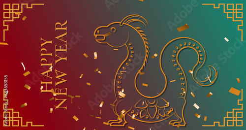 Image of happy new year text, dragons symbols and chinese pattern on red to green background