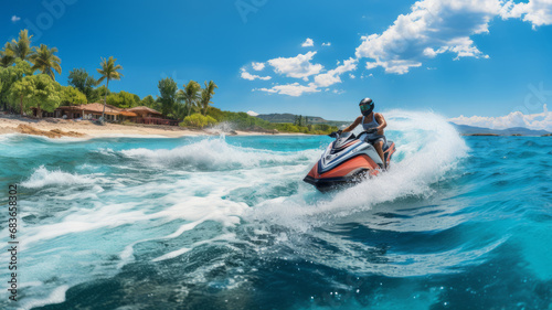 YOUNG MAN RIDES JET SKI IN TROPICAL SEA photo