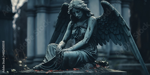 Stone statue of a sad angel Theme of loss and bereavement of a child, 