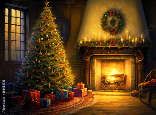Christmas tree in the fireplace, Christmas tree in the global lighting style is placed next to the fireplace.