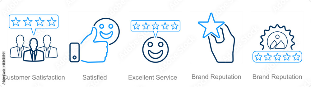 A set of 5 customer service icons as customer satisfaction, satisfied, excellent service A set of 5 customer service icons as customer satisfaction, satisfied, excellent service