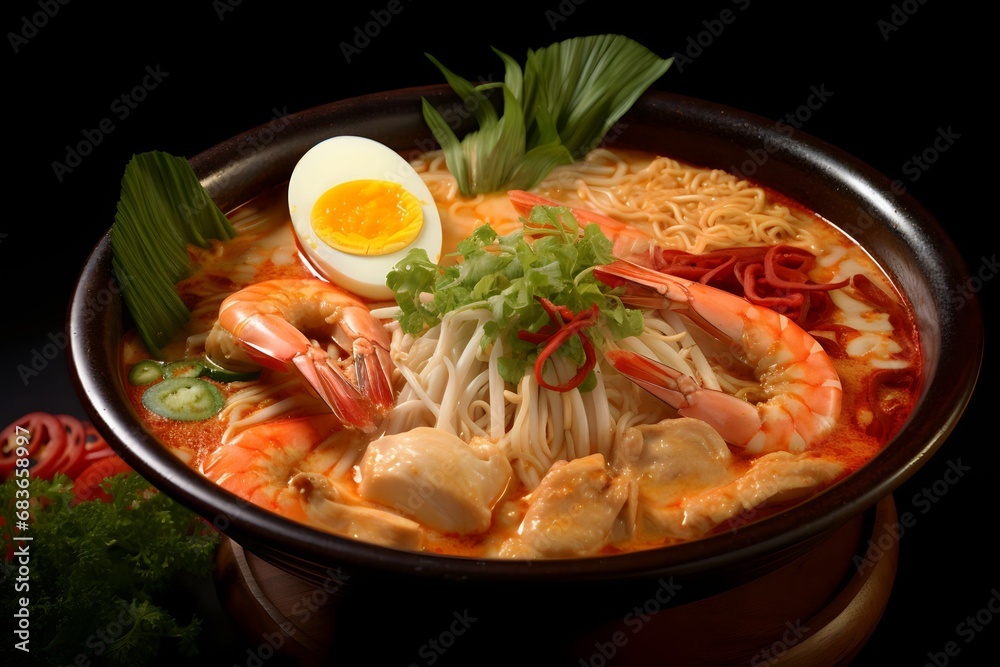 Spicy laksa noodle soup with seafood prawns Spicy laksa noodle soup with seafood prawns