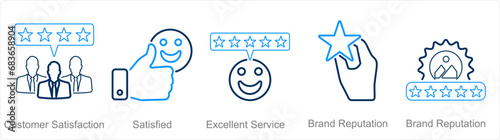 A set of 5 customer service icons as customer satisfaction, satisfied, excellent service