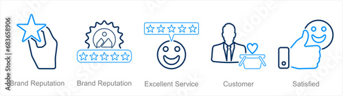 A set of 5 customer service icons as brand reputation, excellent service, customer