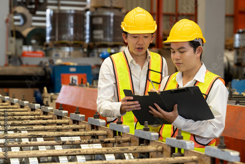 Factory worker operating metal stamping machine while supervised by engineer for optimal quality output of industrial goods on assembly steel forming line in heavy industry factory. Exemplifying