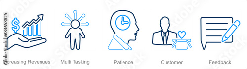 A set of 5 customer service icons as increasing revenues, musti tasking, patience