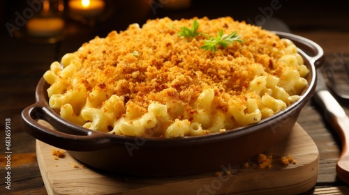 A tantalizing display of loaded macaroni and cheese topped with crispy breadcrumbs, a comfort food lover's dream.