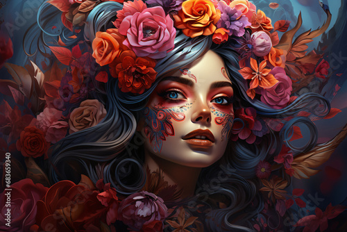 Mexican day of death. a girl with a festive makeup and flowers in her hair. El Dia de Muertos. © MaskaRad