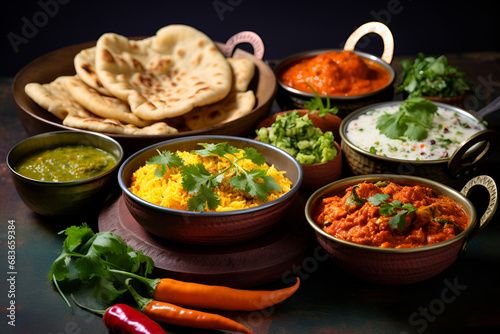 Top view of a colorful assortment of Indian food beautifully arranged on a table. The rich flavors and vibrant culinary culture of India