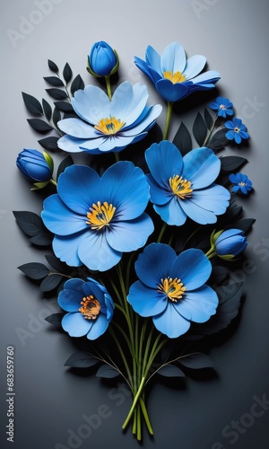 Artistic Floral Still Life Blue Flower Bouquet, set against a stark black backdrop by ai generated