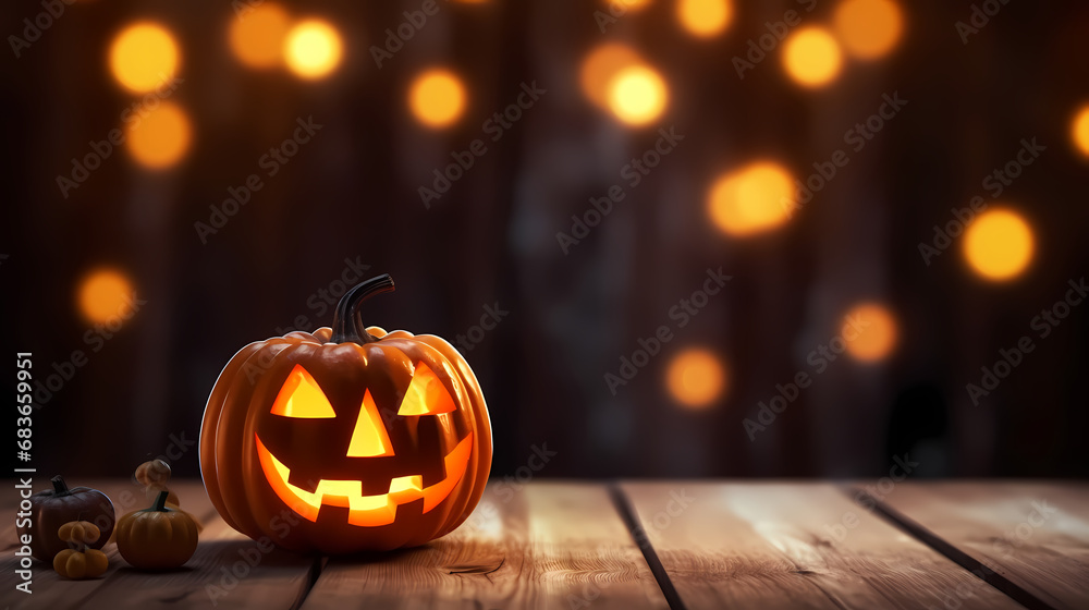 Fototapeta premium Halloween pumpkin with lantern on wooden with bokeh background at night