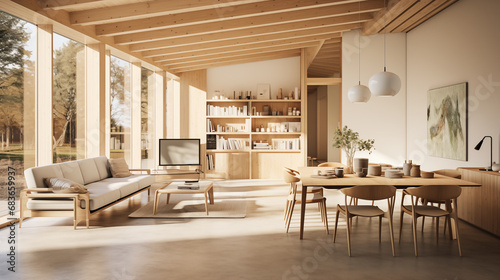 Photo of an interior of a home with a wooden ceiling and floor