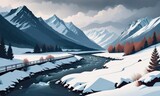 Winter Landscape Panoramic Shot of Mountain River