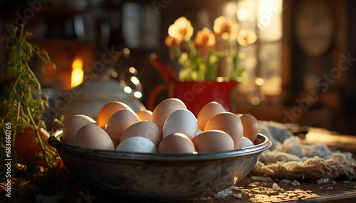Recreation of eggs in a bowl in a domestic kitchen. Artificial intelligence