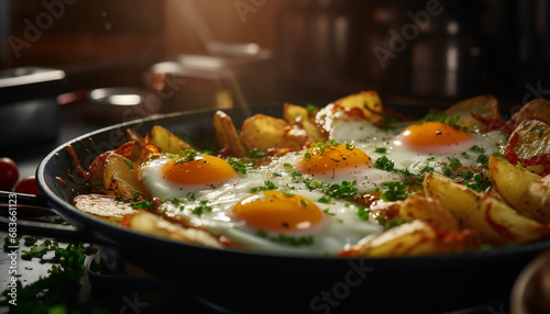 Recreation of fried eggs with chips in a skillet. Artificial intelligence	