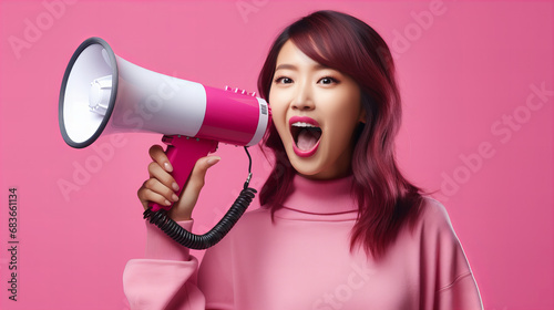 Chinese woman shouting through megaphone, Young lady isolated on pink background shouting through a megaphone to announce something, sale discount