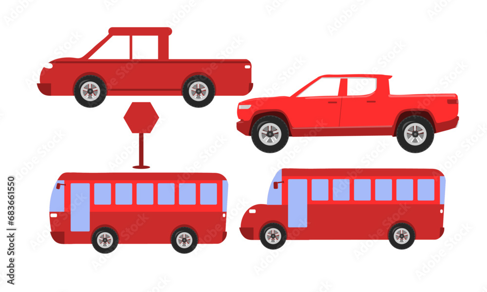 Flat cars set. Taxi, cabriolet, pickup, car, Bus, truck. Urban, city cars vector icons. 