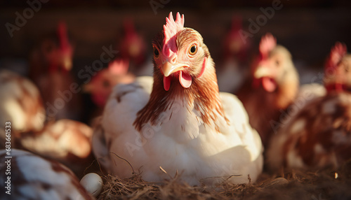 Recreation of hen in a rural roost. Artificial intelligence photo