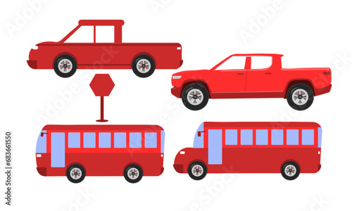 Flat cars set. Taxi, cabriolet, pickup, car, Bus, truck. Urban, city cars vector icons. 