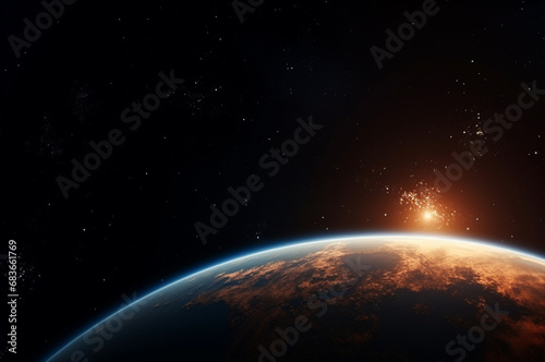 View of the planet Earth from space during a sunrise.