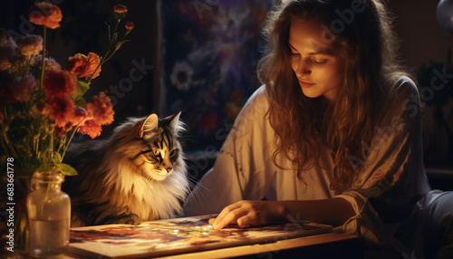 Recreation of a girl with her cat