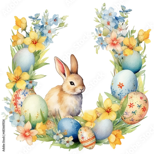 Easter sick with bunny and Easter eggs in watercolor design isolated on transparent
