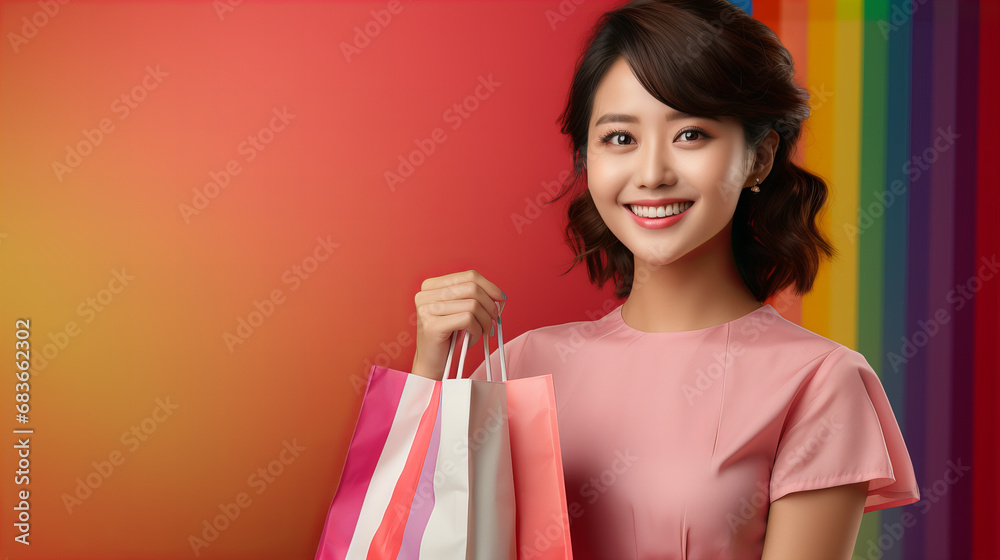 Asian Chinese woman holding shopping bags, Chinese New Year Christmas Xmas party celebration, Black Friday Sale discount concept, Happy beautiful Asian woman smile, Shopaholic people, retail special Asian Chinese woman holding shopping bags, Chinese New Year Christmas Xmas party celebration, Black Friday Sale discount concept, Happy beautiful Asian woman smile, Shopaholic people, retail special