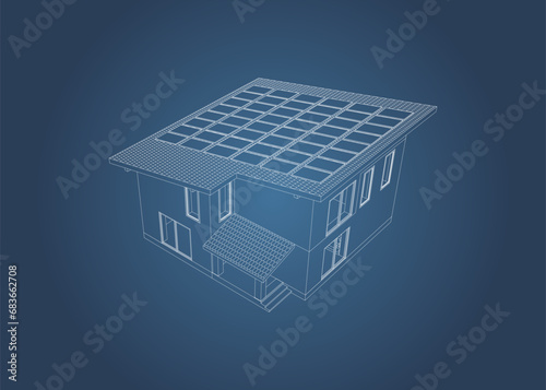 Contemporary  suburban house  with roof solar panels. Isolated 3D vector. Blueprint.
