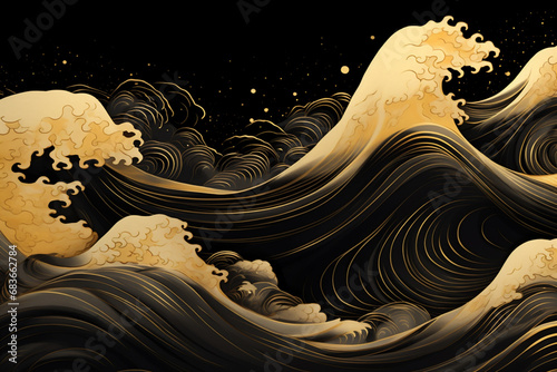 黒い背景に金で描かれた豪華な和風の模様 AI生成画像 photo