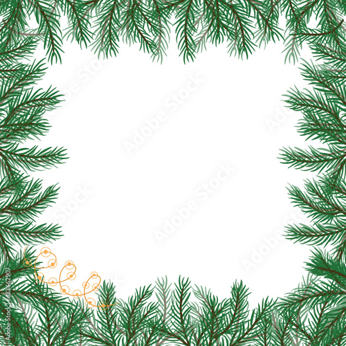 Border of pine and fir branches for design of postcard or banner, sign. Modern design for holiday invitation card, poster, banner, greeting card, postcard, packaging, print. Vector illustration.