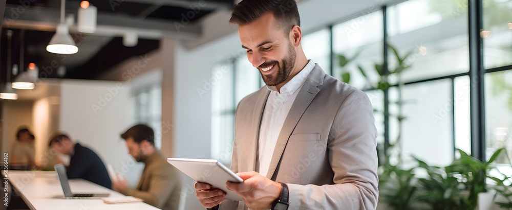 Busy young business man executive holding pad computer at work. Male professional employee using digital tablet fintech device standing in office checking financial online market data. generative AI - obrazy, fototapety, plakaty 