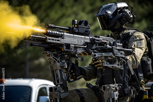 military humanoid combat robot concept firing weapon