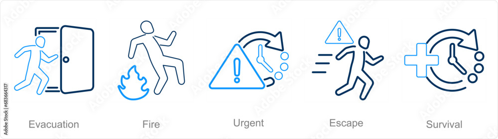 A set of 5 Emergency icons as evacuation, fire, urgent A set of 5 Emergency icons as evacuation, fire, urgent
