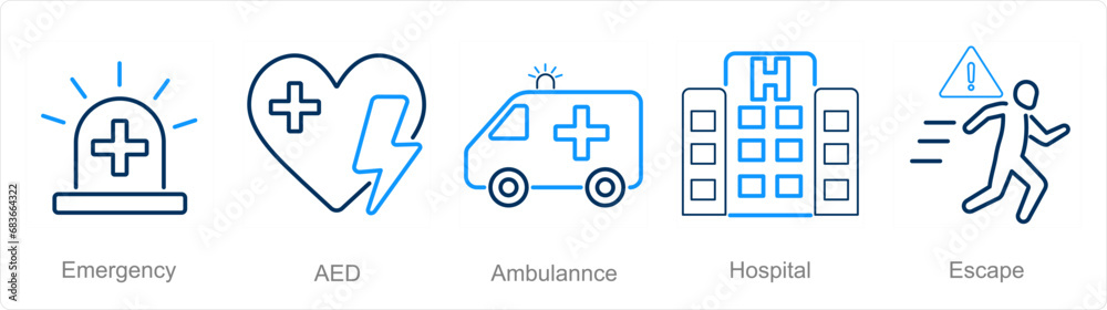 A set of 5 Emergency icons as emergency, aed, ambulance A set of 5 Emergency icons as emergency, aed, ambulance