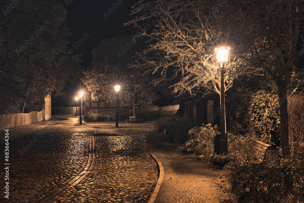 Street in Night - Strasse - Kopfsteinpflaster - Gasse - Laterne - Dunst - Nebel - Licht - Baruth - Deutschland - Brandenburg