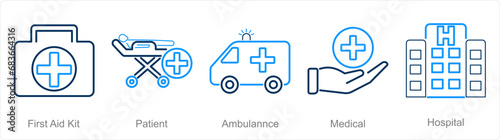 A set of 5 Emergency icons as first aid kit, patient, ambulance