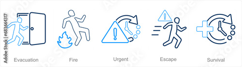 A set of 5 Emergency icons as evacuation, fire, urgent