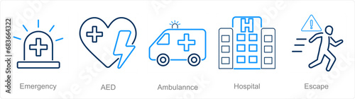 A set of 5 Emergency icons as emergency, aed, ambulance