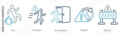 A set of 5 Emergency icons as fire, escape, evacuation