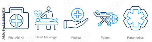 A set of 5 Emergency icons as first aid kit, heart massage, medical