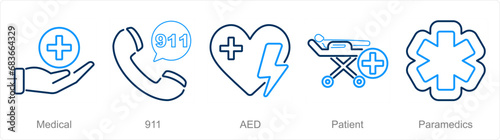 A set of 5 Emergency icons as medical, 911, aed photo
