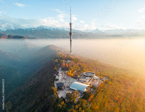 Kok-Tobe hill with Television Tower and amusement park in Almaty city
