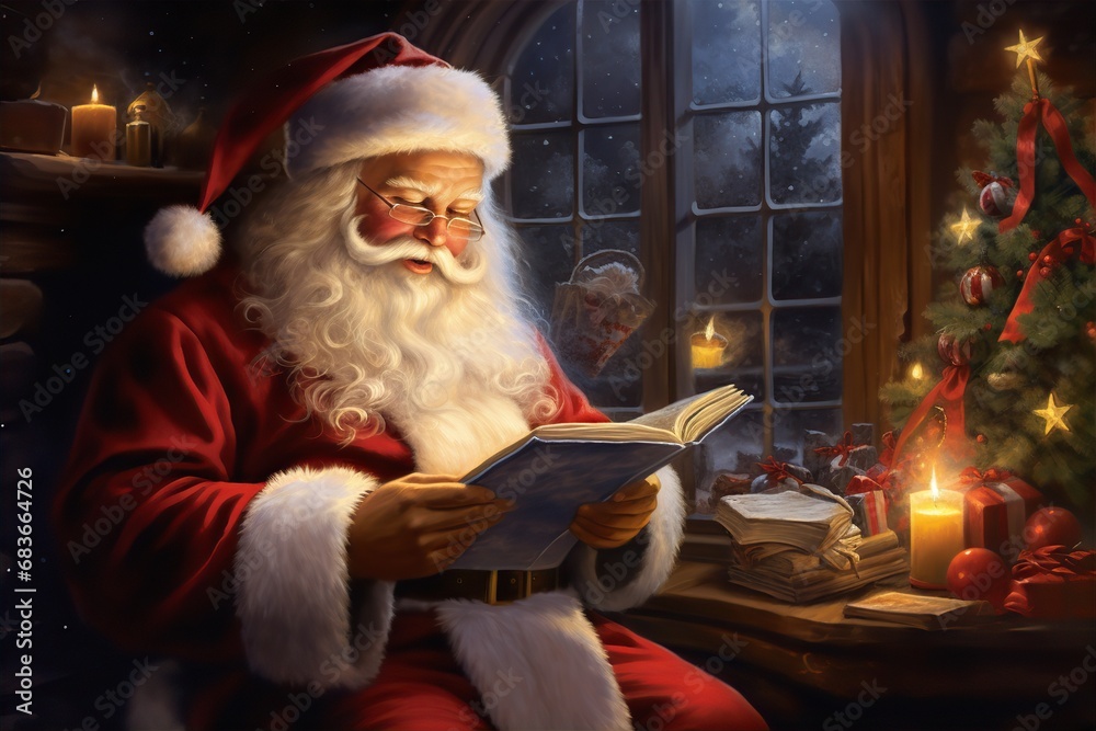 Christmas card : Santa reading a book at home