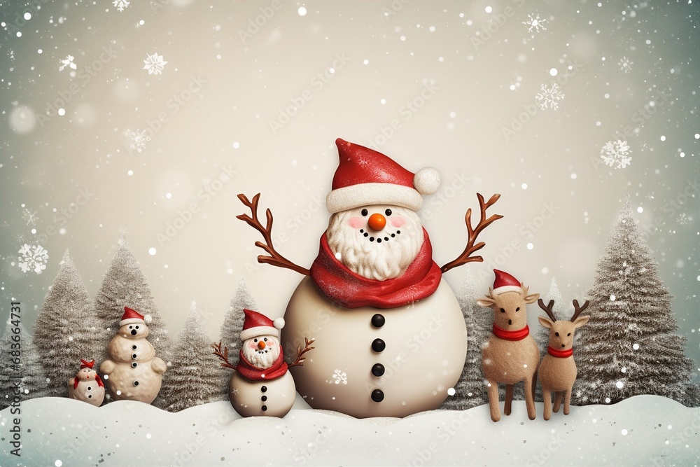 Christmas card : Santa snowman standing with reindeer in the festive ambiance of Christmas