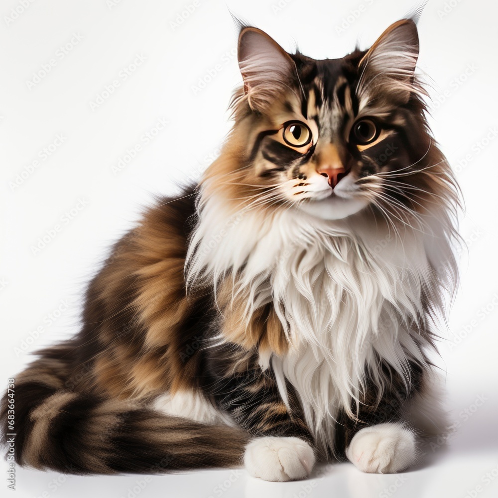 Sitting Long Haired Cat Looking Aside, Isolated On White Background, For Design And Printing