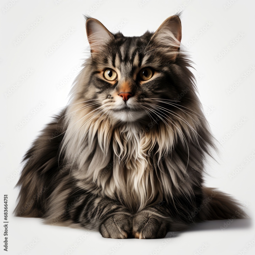 Sitting Long Haired Cat Looking Aside, Isolated On White Background, For Design And Printing