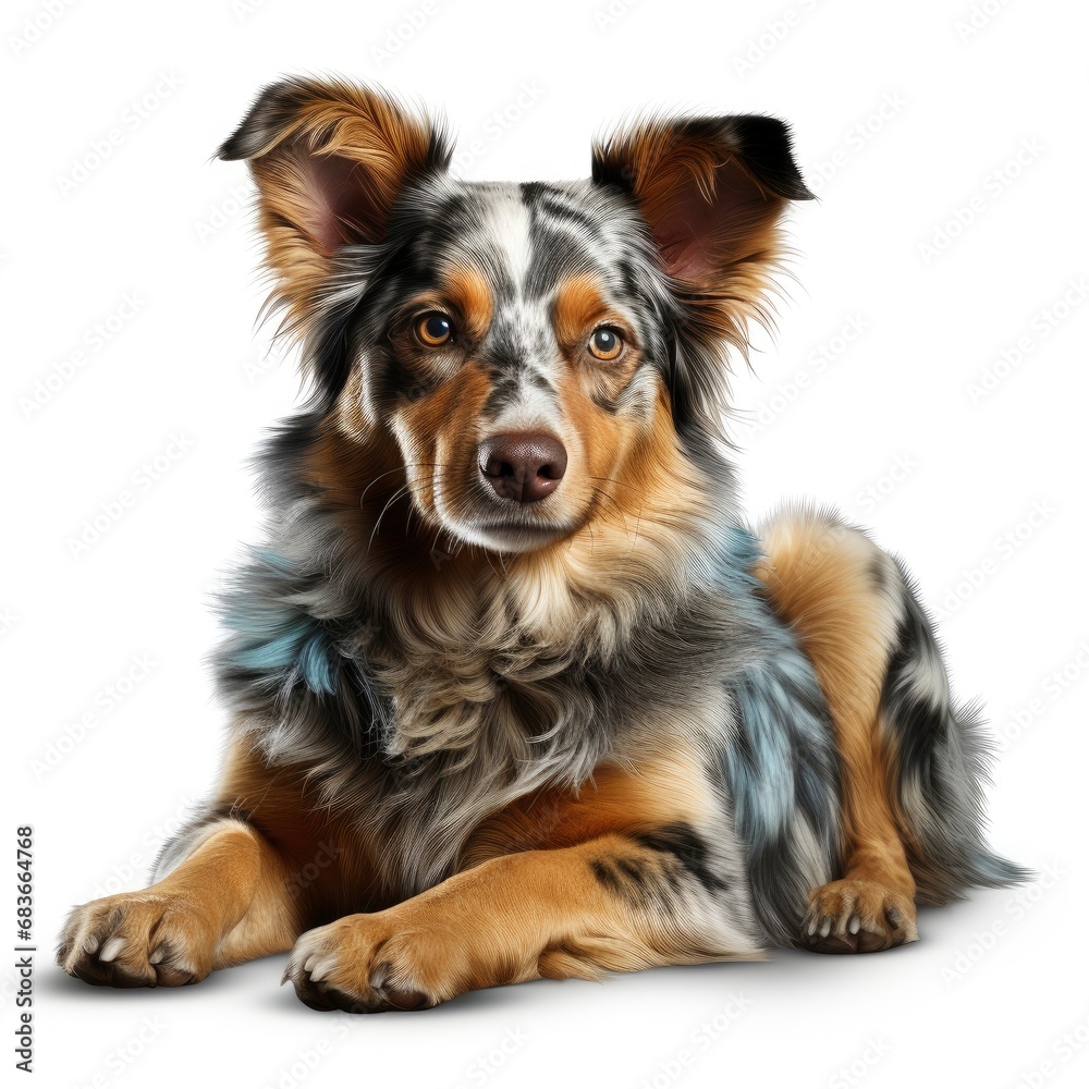 Sitting Panting Blue Merle Australian Shepherd, Isolated On White Background, For Design And Printing