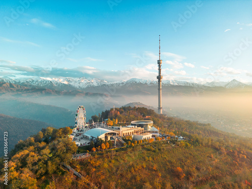 Kok-Tobe hill with Television Tower and amusement park in Almaty city