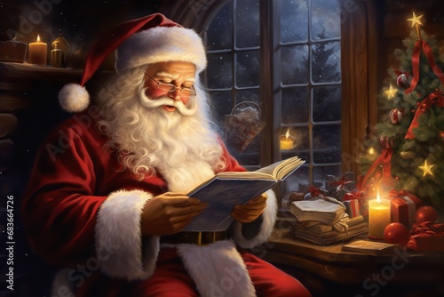 Christmas card : Santa reading a book at home