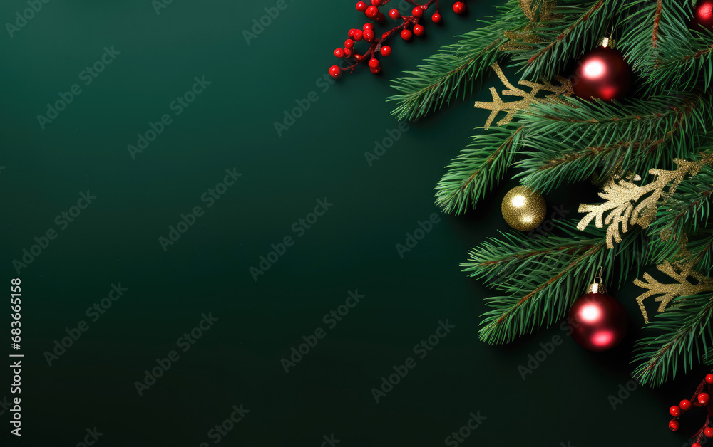 Christmas branches and decorations on green background with copy space